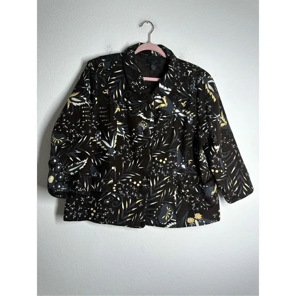 SilkLand Brown Leaf Pattern 100% Silk Button Up 3/4 Sleeve Jacket Size 1X
